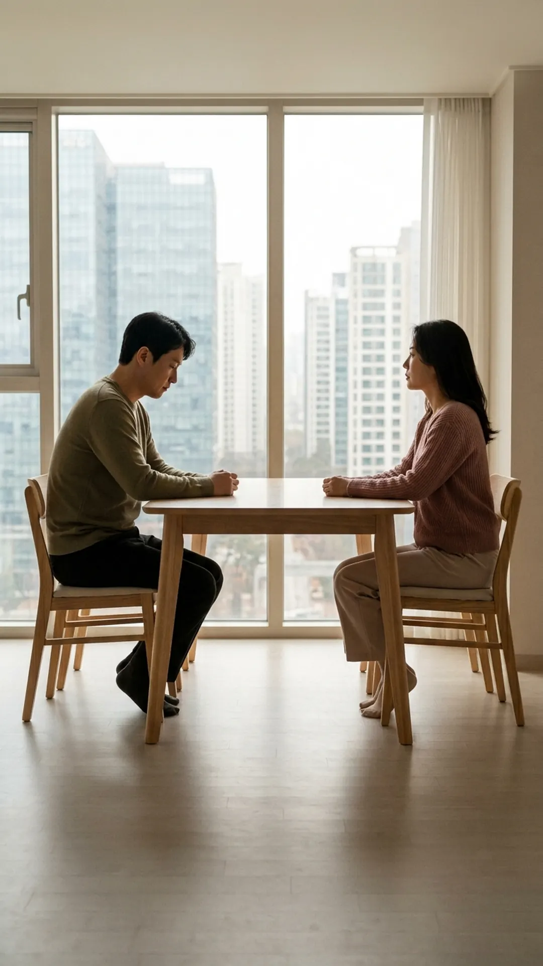 거실 식탁에 마주 앉아 이야기를 나누는 부부 — 연출 이미지
