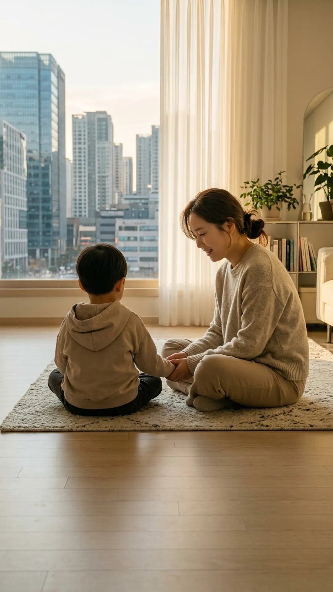 거실 바닥에서 아이와 마주 앉아 대화하는 부모 — 연출 이미지