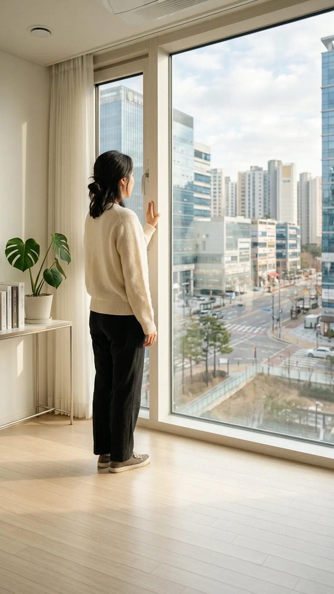 창가에 서서 생각에 잠긴 여성 — 연출 이미지